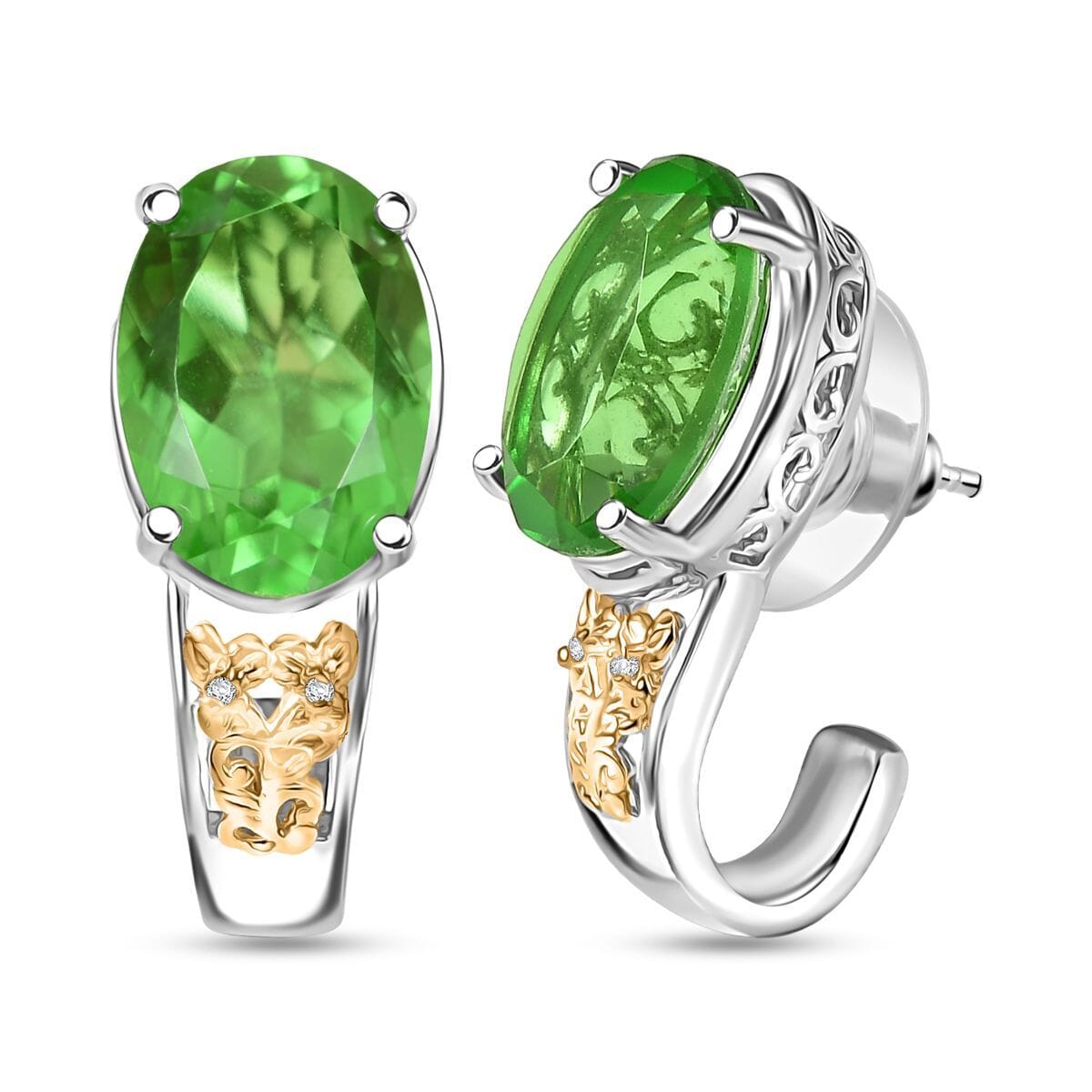 Ever True Chartreuse Quartz (Triplet) and White Zircon 12.40 ctw Floral J-Hoop Earrings in 18K YG Plated and Platinum Bond image number 0
