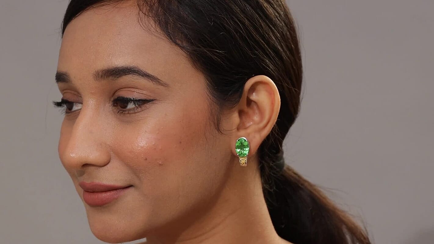 EverTrue Chartreuse Quartz (Triplet) and White Zircon 12.40 ctw Floral J-Hoop Earrings in 18K YG Plated and Platinum Bond