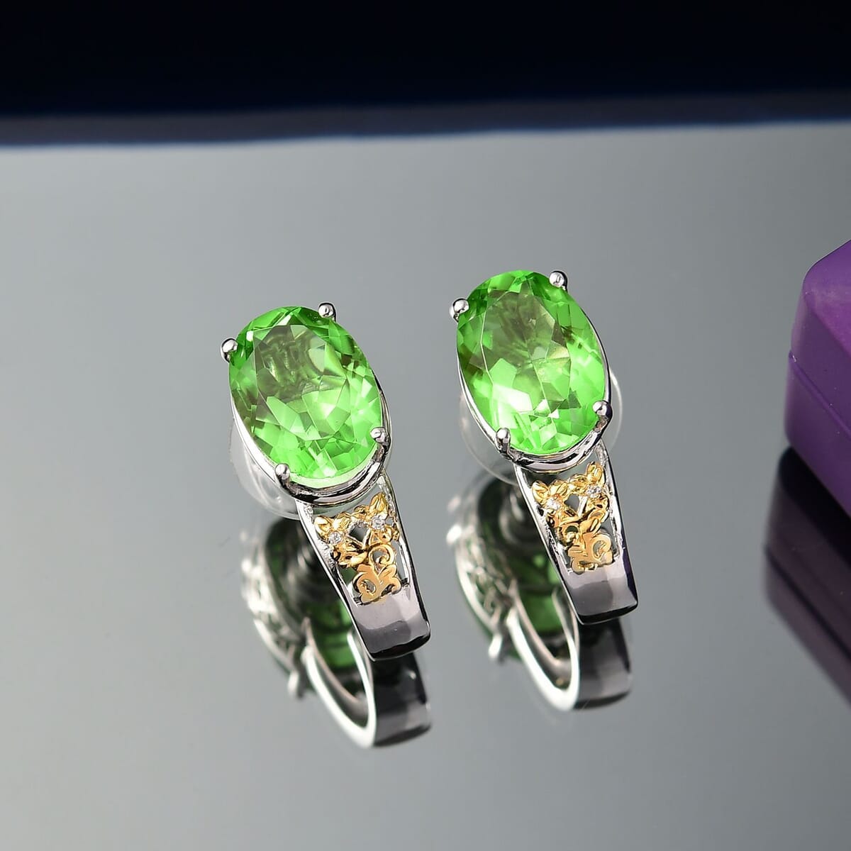 Ever True Chartreuse Quartz (Triplet) and White Zircon 12.40 ctw Floral J-Hoop Earrings in 18K YG Plated and Platinum Bond image number 1