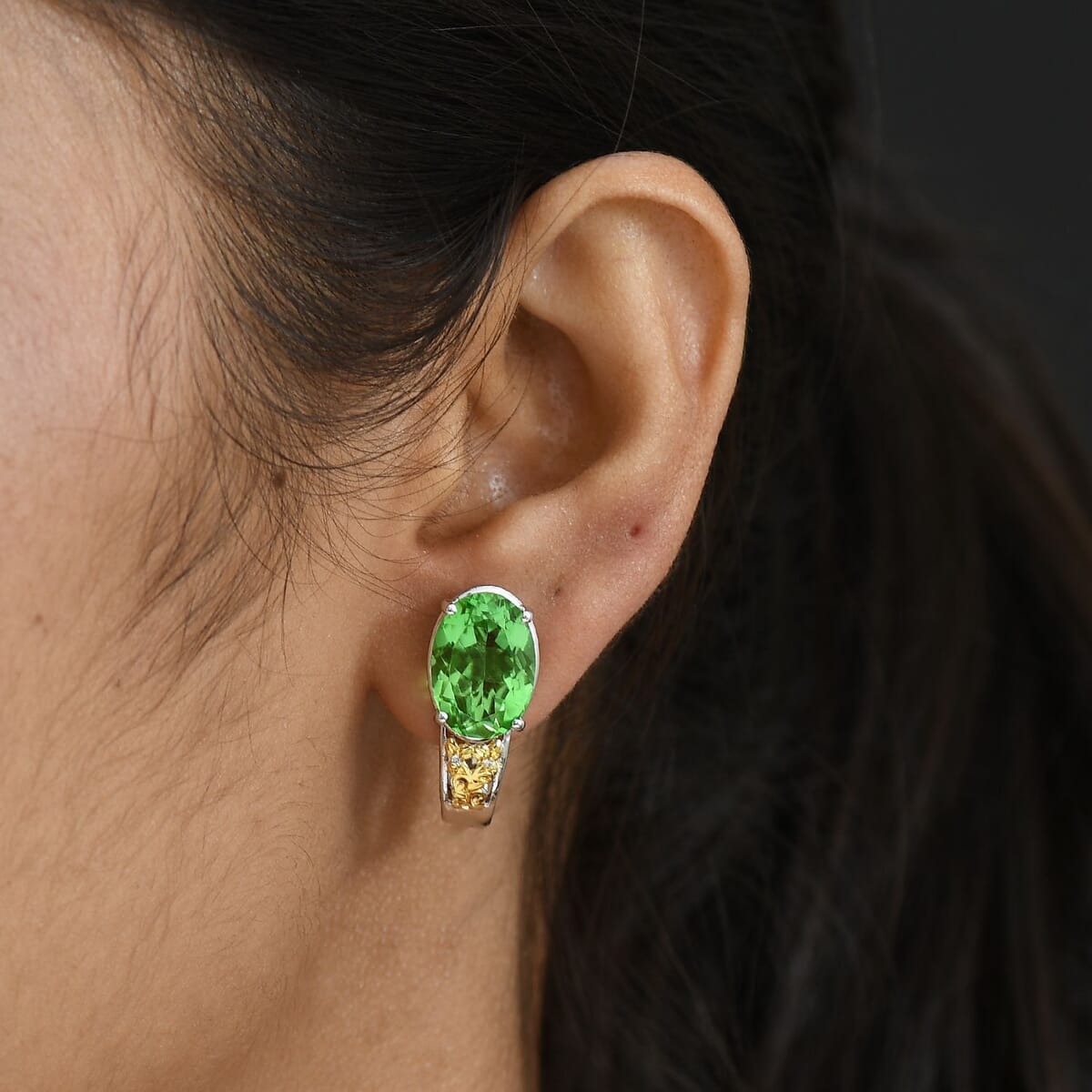 Ever True Chartreuse Quartz (Triplet) and White Zircon 12.40 ctw Floral J-Hoop Earrings in 18K YG Plated and Platinum Bond image number 2