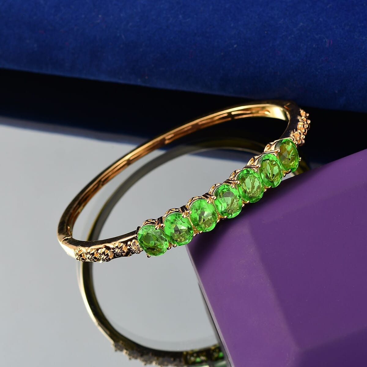 Ever True Chartreuse Quartz (Triplet) 13.50 ctw Floral Vines Bangle Bracelet in 18K YG Plated (7.25 In) image number 1