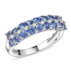 D'Joy Premium Ceylon Blue Sapphire and White Zircon 1.65 ctw Ring in Rhodium Over Sterling Silver (Size 10.0)