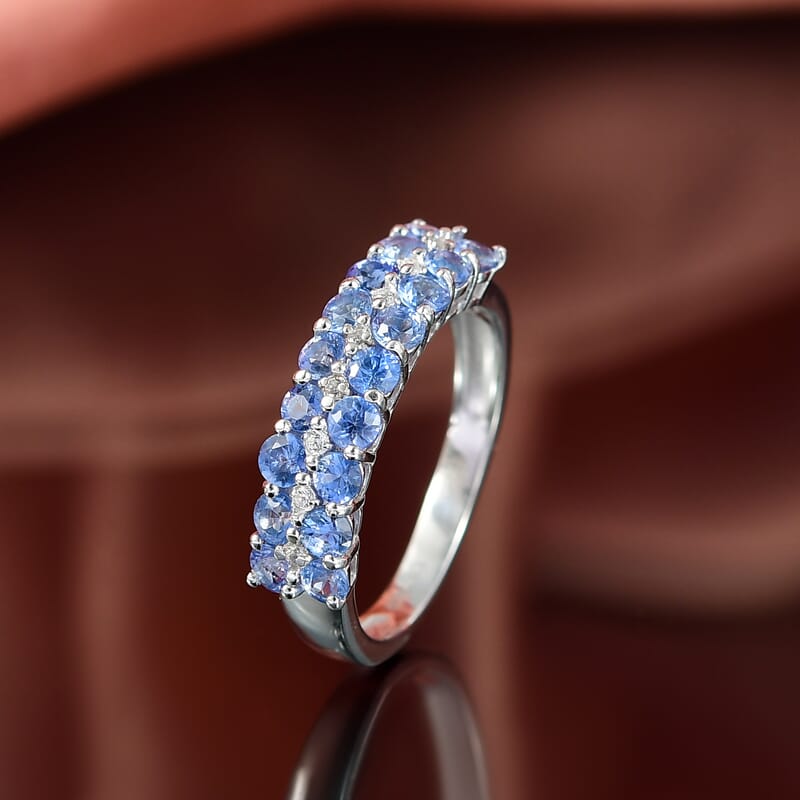 D'Joy Premium Ceylon Blue Sapphire and White Zircon 1.65 ctw Ring in Rhodium Over Sterling Silver (Size 10.0)