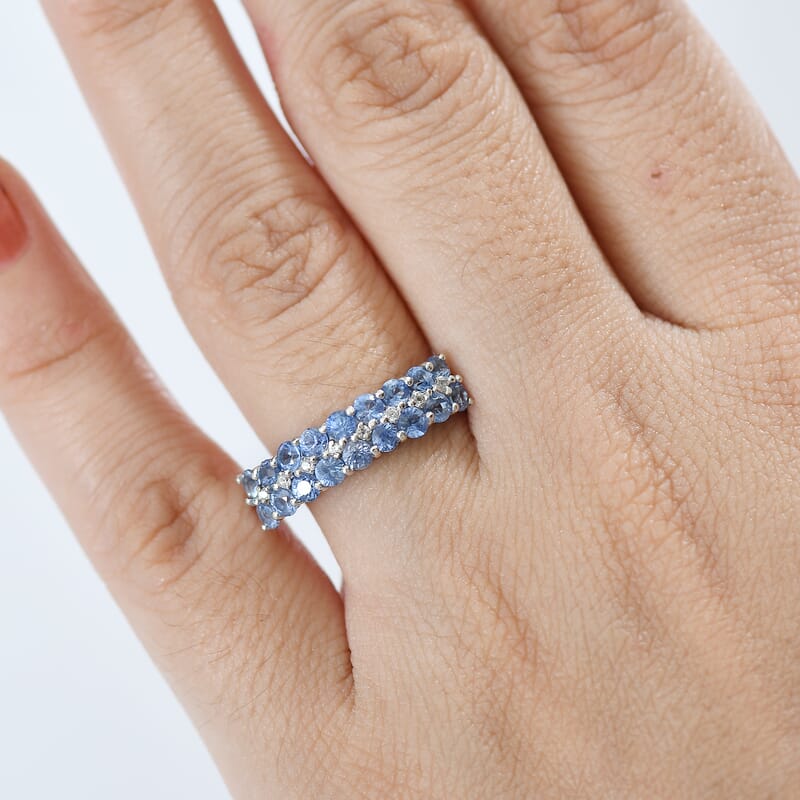D'Joy Premium Ceylon Blue Sapphire and White Zircon 1.65 ctw Ring in Rhodium Over Sterling Silver (Size 10.0)