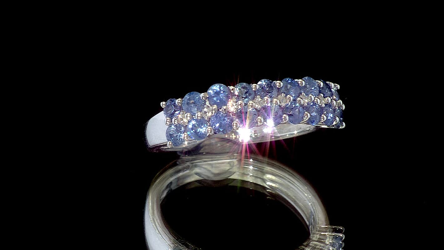 D'Joy Premium Ceylon Blue Sapphire, White Zircon Ring in Rhodium Over Sterling Silver (Size 10.0) 1.65 ctw