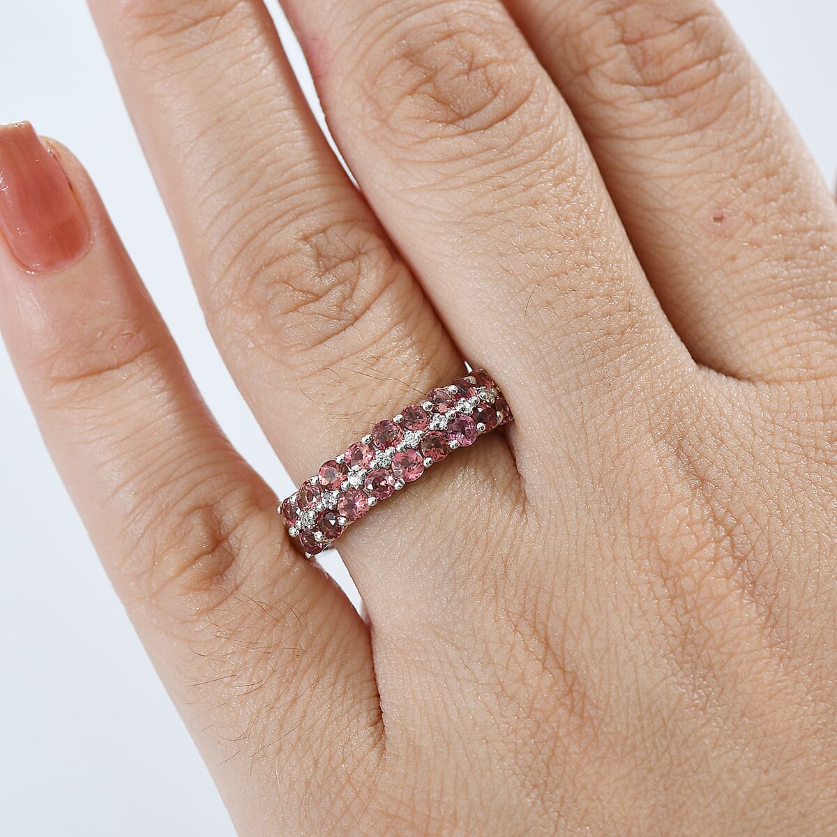 D'Joy Premium Ouro Fino Rubellite and White Zircon 1.50 ctw Ring in Rhodium Over Sterling Silver (Size 5.0) image number 2