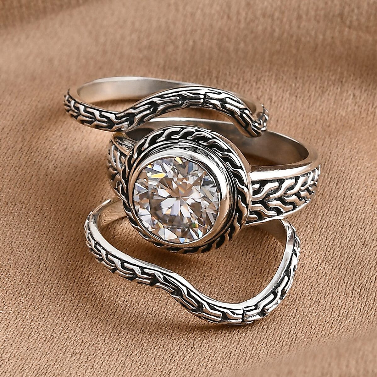 D'Joy Bali Legacy Moissanite Tulang Naga Texture Ring in Sterling Silver 3.50 ctw (Size 10.0) image number 1