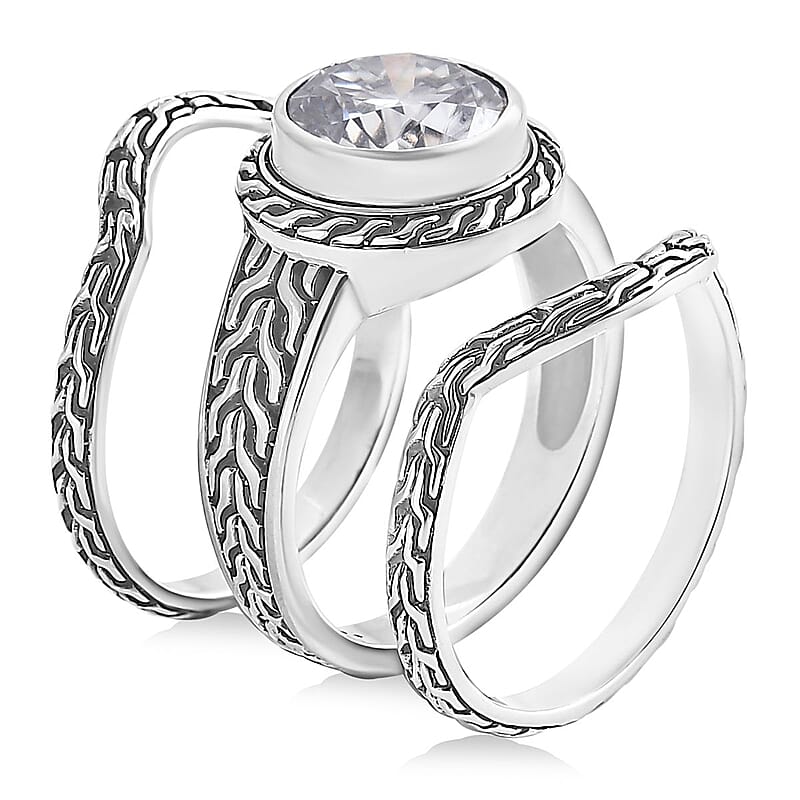 D'Joy Bali Legacy Moissanite Tulang Naga Texture Ring in Sterling Silver 3.50 ctw (Size 10.0)