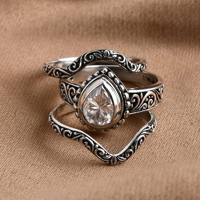 D'Joy Bali Moissanite Filigree Texture Ring in Sterling Silver 2.40 ctw (Size 7.0)