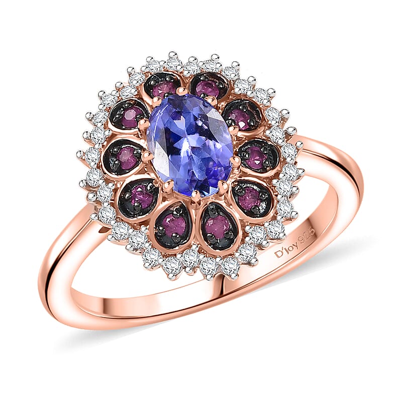 D'Joy Tanzanite and Multi Sapphire 1.35 ctw Pink Blue Lily Flower Ring in 18K Vermeil Rose Gold Over Sterling Silver (Size 10.0)