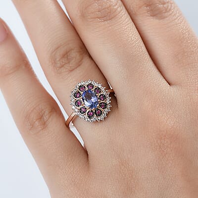 D'Joy Tanzanite and Multi Sapphire 1.35 ctw Pink Blue Lily Flower Ring in 18K Vermeil Rose Gold Over Sterling Silver (Size 10.0)