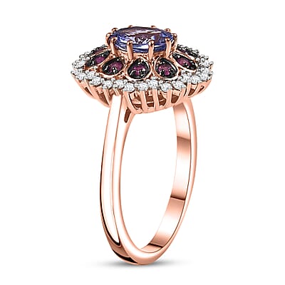 D'Joy Tanzanite and Multi Sapphire 1.35 ctw Pink Blue Lily Flower Ring in 18K Vermeil Rose Gold Over Sterling Silver (Size 10.0)