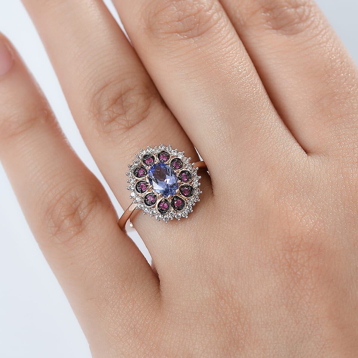D'Joy Tanzanite and Multi Sapphire 1.35 ctw Pink Blue Lily Flower Ring in 18K Vermeil Rose Gold Over Sterling Silver (Size 5.0) image number 2