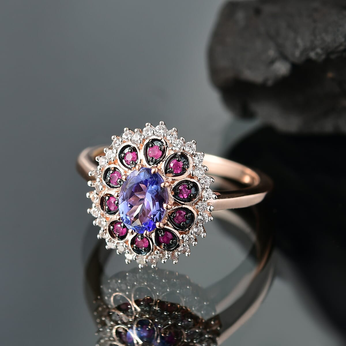 D’Joy Tanzanite and Multi Sapphire 1.35 ctw Pink Blue Lily Flower Ring in 18K Vermeil Rose Gold Over Sterling Silver (Size 7.0) image number 1