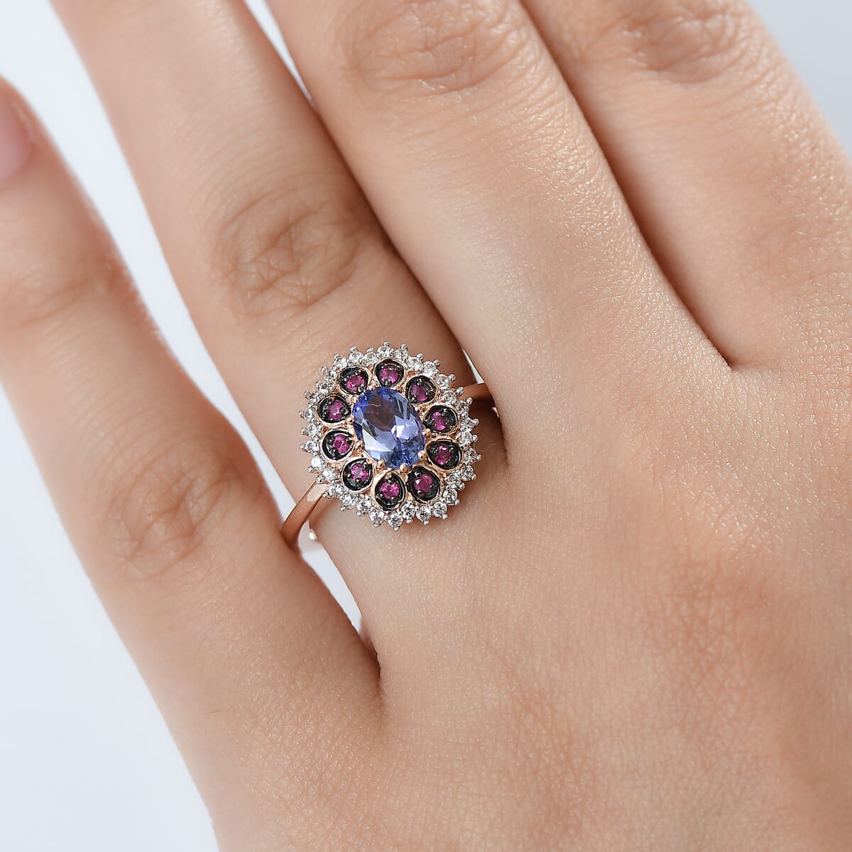 D’Joy Tanzanite and Multi Sapphire 1.35 ctw Pink Blue Lily Flower Ring in 18K Vermeil Rose Gold Over Sterling Silver (Size 7.0) image number 2