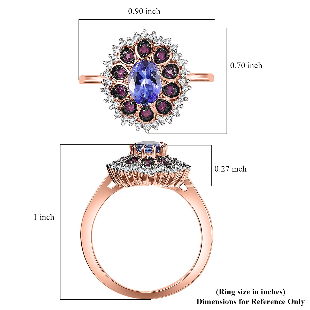 D'Joy Tanzanite and Multi Sapphire 1.35 ctw Pink Blue Lily Flower Ring in 18K Vermeil Rose Gold Over Sterling Silver (Size 9.0) image number 5