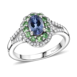 D'Joy Peacock Tanzanite and Multi Gemstone 1.50 ctw Blooming Flower Ring in Rhodium Over Sterling Silver (Size 6.0)