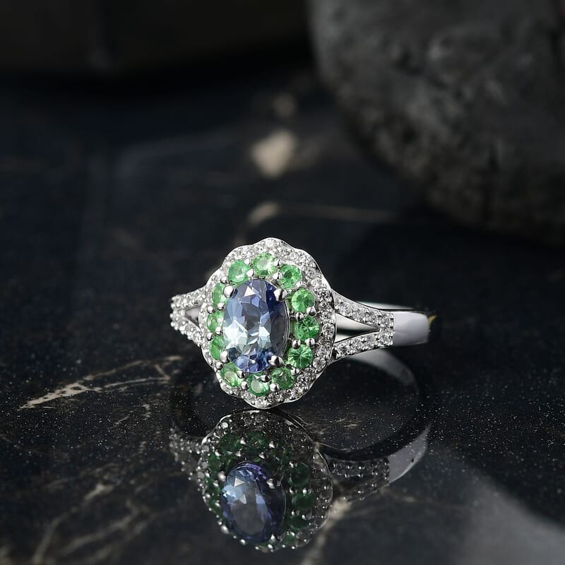 D'Joy Peacock Tanzanite and Multi Gemstone 1.50 ctw Blooming Flower Ring in Rhodium Over Sterling Silver (Size 6.0)