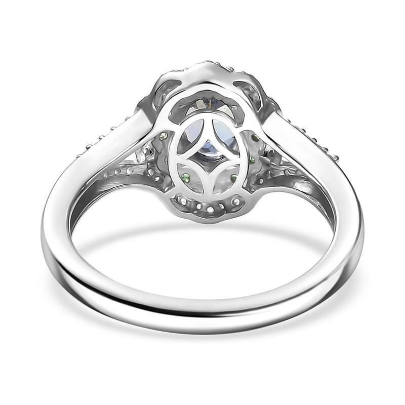 D'Joy Peacock Tanzanite and Multi Gemstone 1.50 ctw Blooming Flower Ring in Rhodium Over Sterling Silver (Size 6.0)