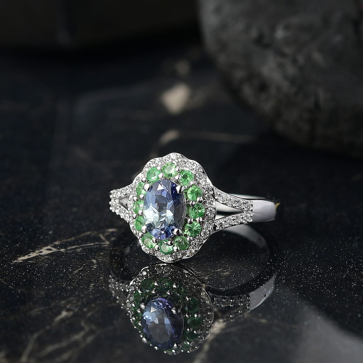 D'Joy Peacock Tanzanite and Multi Gemstone 1.50 ctw Blooming Flower Ring in Rhodium Over Sterling Silver (Size 8.0) image number 1