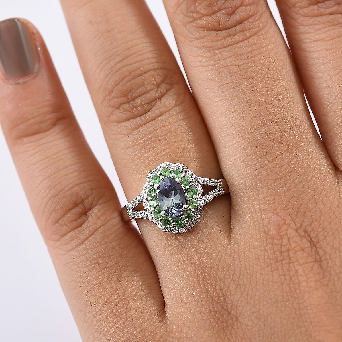 D'Joy Peacock Tanzanite and Multi Gemstone 1.50 ctw Blooming Flower Ring in Rhodium Over Sterling Silver (Size 8.0) image number 2