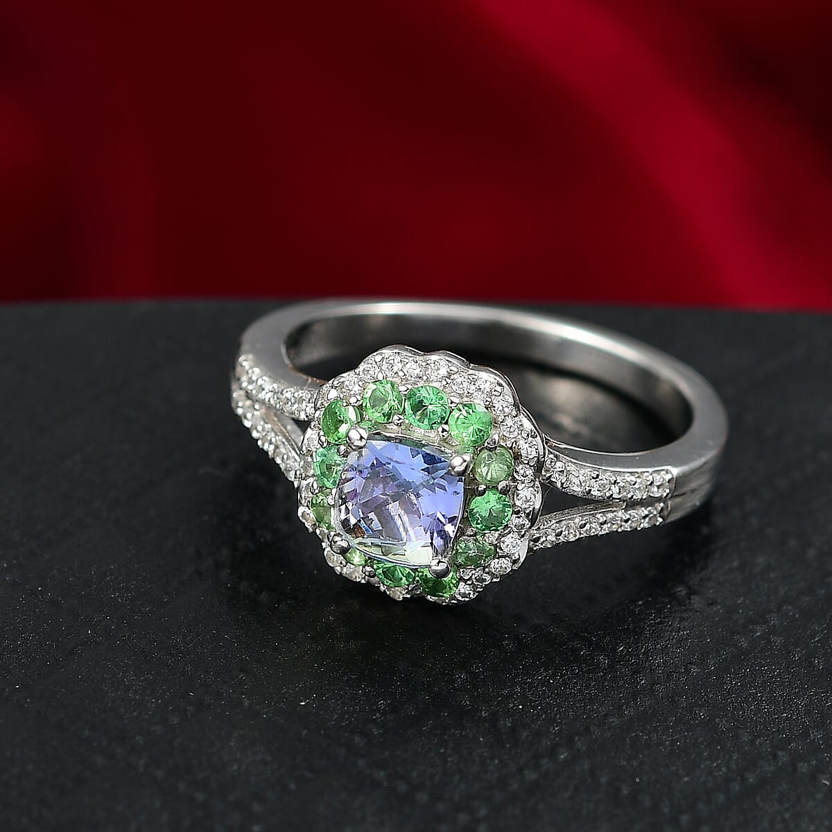 D'Joy Peacock Tanzanite and Multi Gemstone 1.30 ctw Blooming Flower Ring in Rhodium Over Sterling Silver (Size 7.0) image number 1