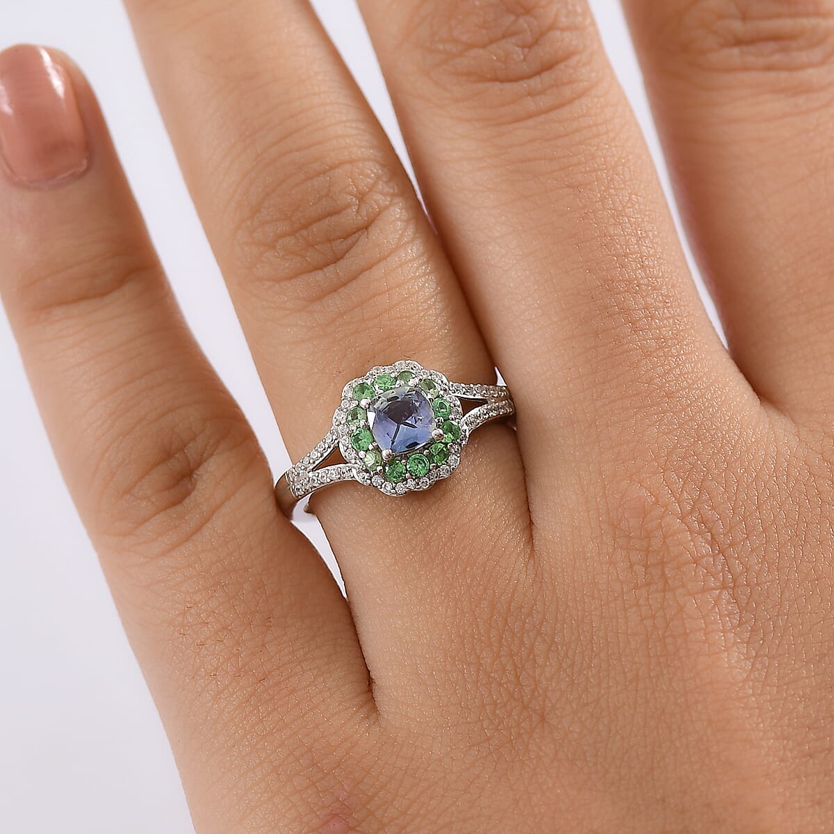 D'Joy Peacock Tanzanite and Multi Gemstone 1.30 ctw Blooming Flower Ring in Rhodium Over Sterling Silver (Size 7.0) image number 2