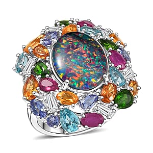 D'Joy Elysian Opal (Triplet) and Multi Gemstone 13.40 ctw Ring in Rhodium Over Sterling Silver (Size 6.0)