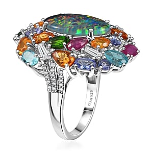 D'Joy Elysian Opal (Triplet) and Multi Gemstone 13.40 ctw Ring in Rhodium Over Sterling Silver (Size 6.0)