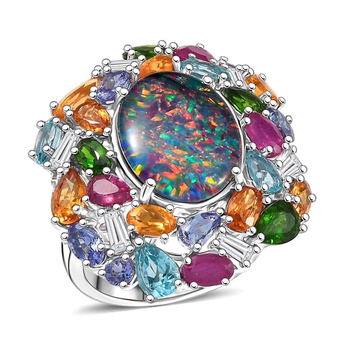 D'Joy Elysian Opal (Triplet) and Multi Gemstone 13.40 ctw Ring in Rhodium Over Sterling Silver (Size 7.0) image number 0