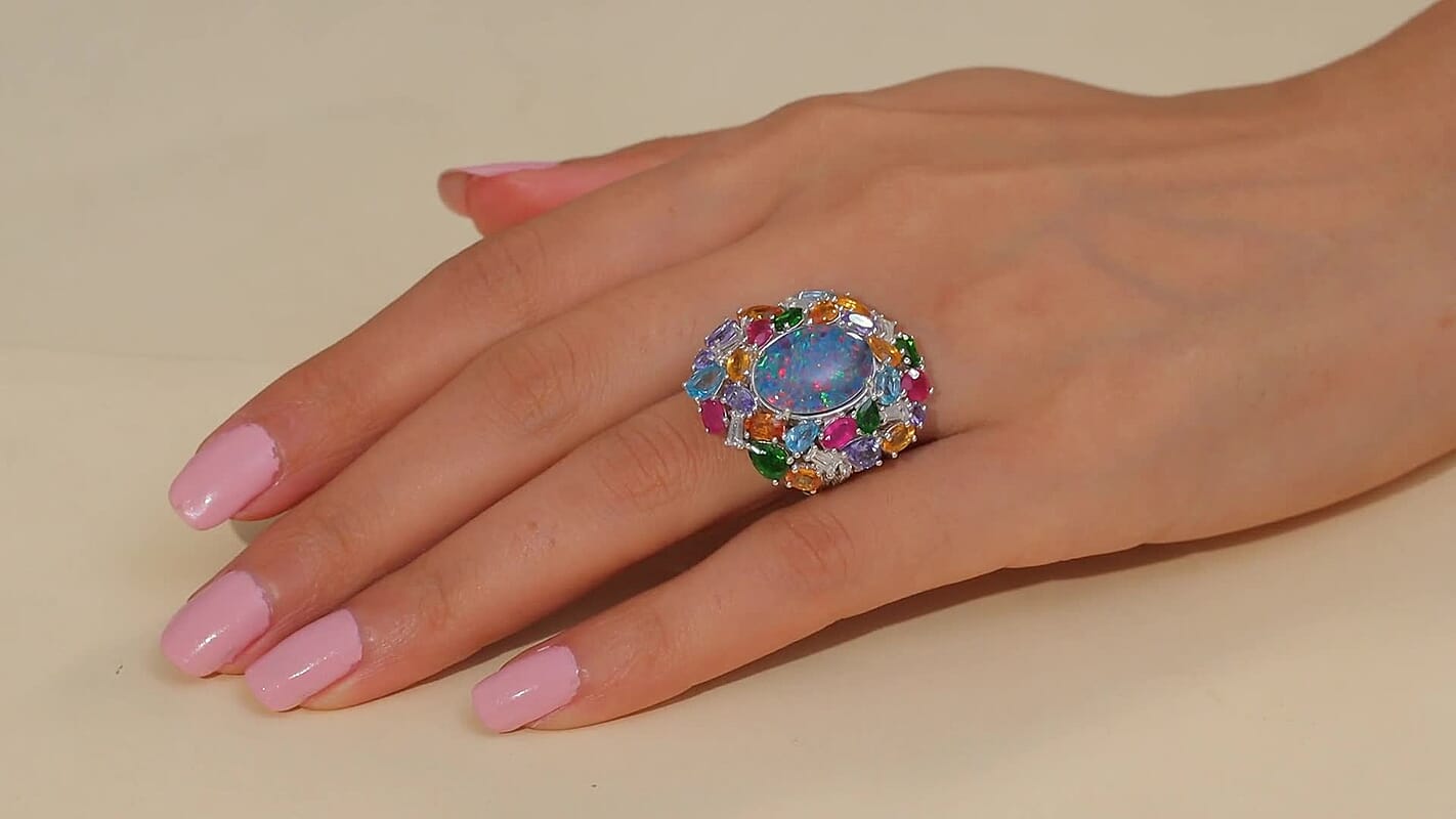 D'Joy Elysian Opal (Triplet), Multi Gemstone Ring in Rhodium Over Sterling Silver (Size 10.0) 13.40 ctw