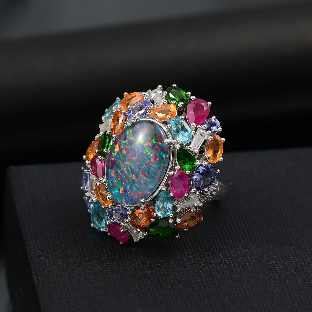 D'Joy Elysian Opal (Triplet) and Multi Gemstone 13.40 ctw Ring in Rhodium Over Sterling Silver (Size 7.0) image number 1