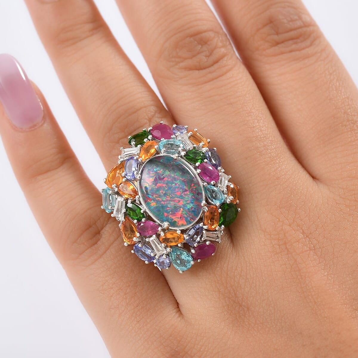 D'Joy Elysian Opal (Triplet) and Multi Gemstone 13.40 ctw Ring in Rhodium Over Sterling Silver (Size 7.0) image number 2