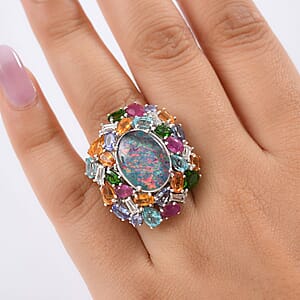 D'Joy Elysian Opal (Triplet) and Multi Gemstone 13.40 ctw Ring in Rhodium Over Sterling Silver (Size 8.0)