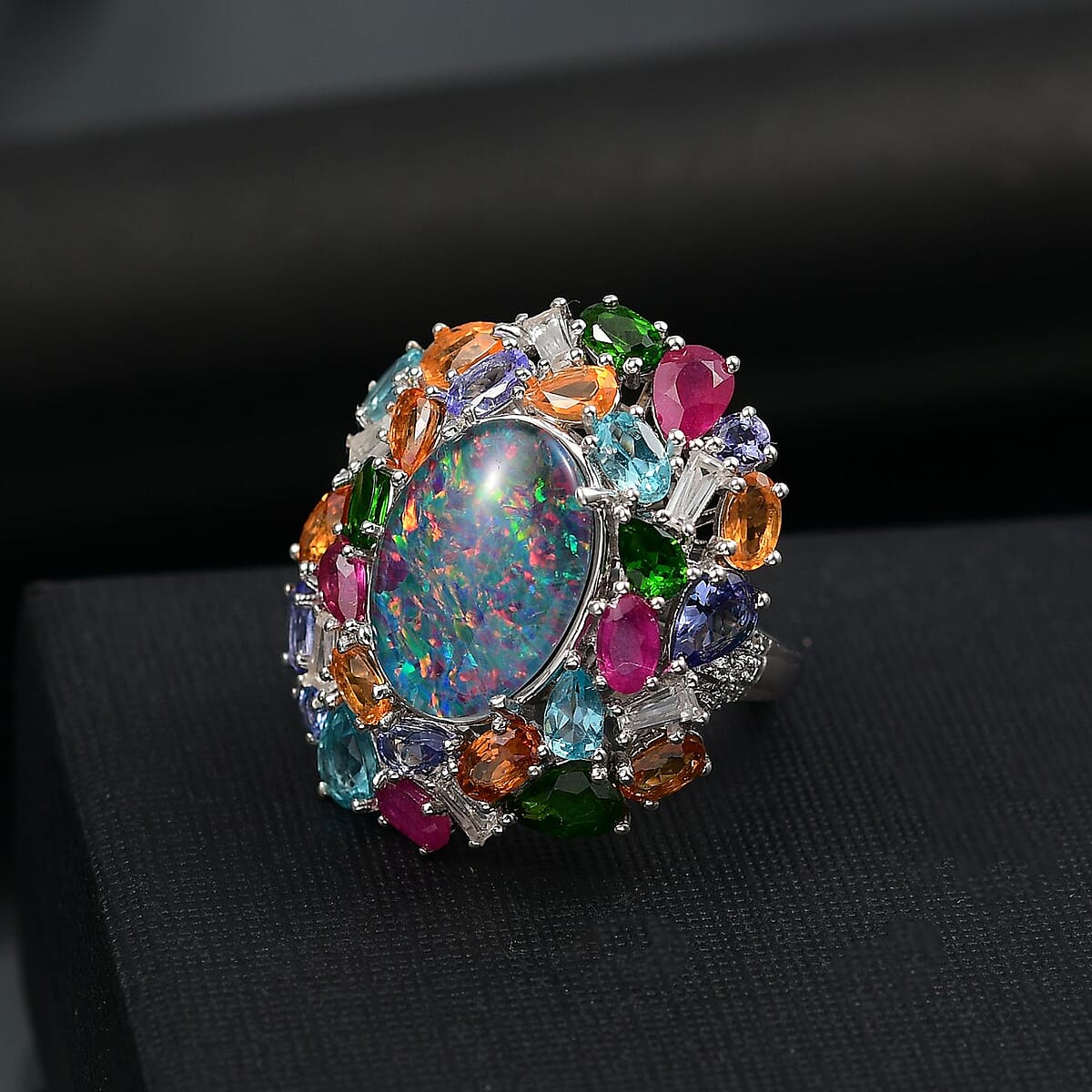 D'Joy Elysian Opal (Triplet) and Multi Gemstone 13.40 ctw Ring in Rhodium Over Sterling Silver (Size 9.0) image number 1