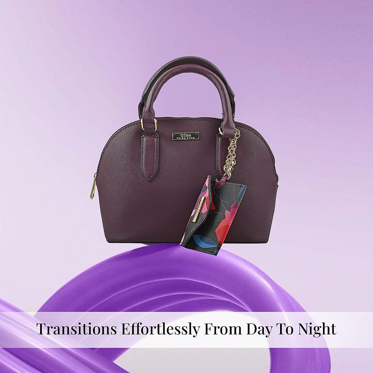 Trina Turk Burgundy Faux Leather Dome Satchel Bag with Card Case image number 1