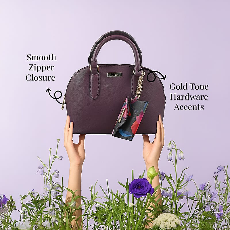 Trina Turk Burgundy Faux Leather Dome Satchel Bag with Card Case