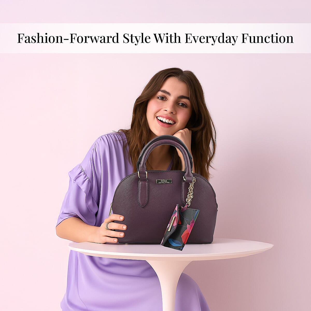 Trina Turk Burgundy Faux Leather Dome Satchel Bag with Card Case image number 3