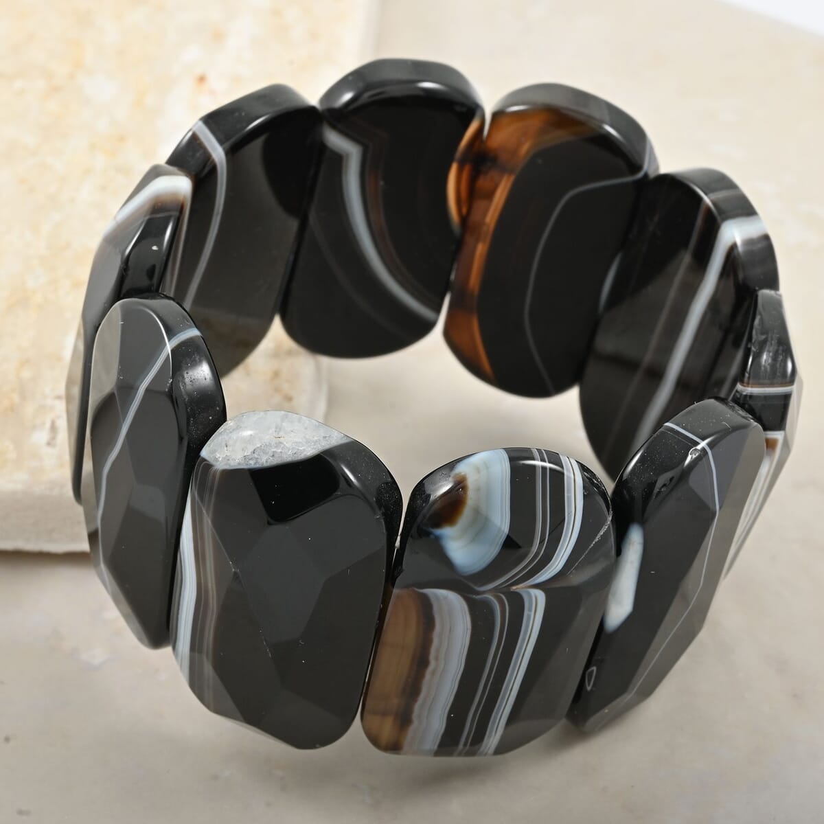 Faceted Oval Brazilian Black Agate 602.65 ctw Stretch Bracelet image number 1