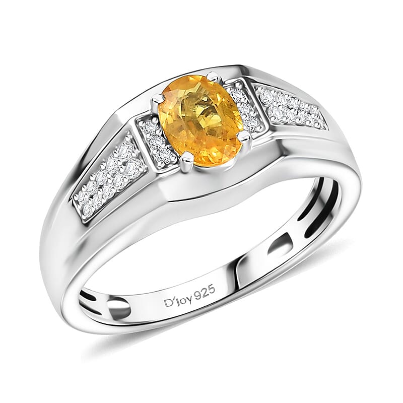 D'Joy Madagascar Yellow Sapphire and Moissanite 1.25 ctw Men's Ring in Rhodium Over Sterling Silver (Size 10.0)