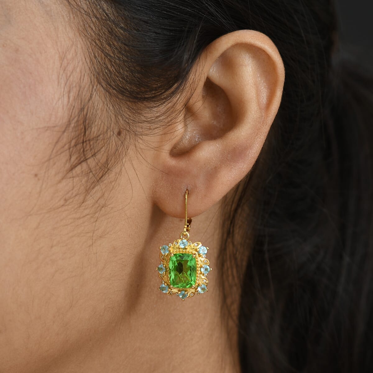 Ever True Chartreuse Quartz (Triplet) and Multi Gemstone 8.50 ctw Rainforest Radiance Earrings in 18K YG Plated image number 2