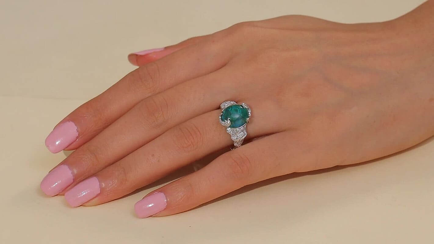 D'Joy Chrysocolla 6.15 ctw Dolphin Wave Ring in Platinum Over Sterling Silver (Size 10.0)