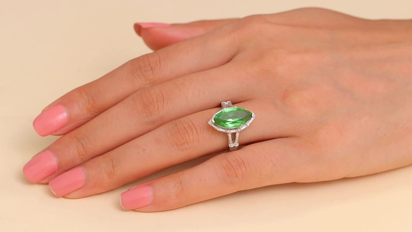 D'Joy Chartreuse Quartz (Triplet) 4.50 ctw Forest Fang Ring in Platinum Over Sterling Silver