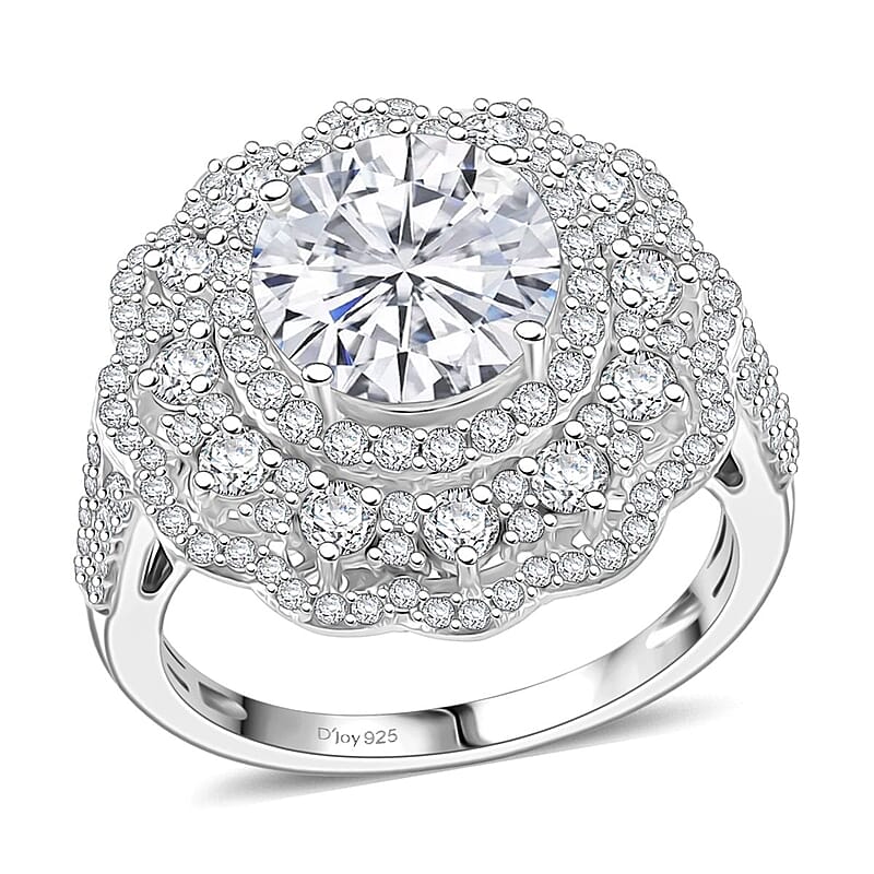 D'Joy 100 Facets Moissanite 4.25 ctw Floral Halo Ring in Rhodium Over Sterling Silver (Size 10.0)