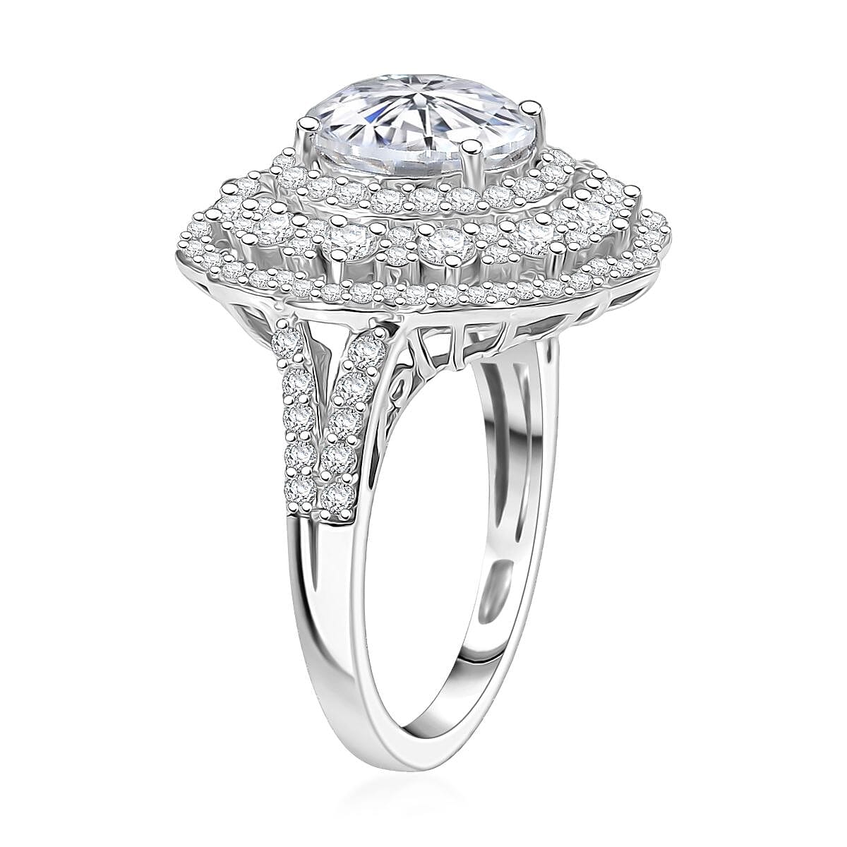 D'Joy 100 Facets Moissanite 4.25 ctw Floral Halo Ring in Rhodium Over Sterling Silver (Size 10.0) image number 3