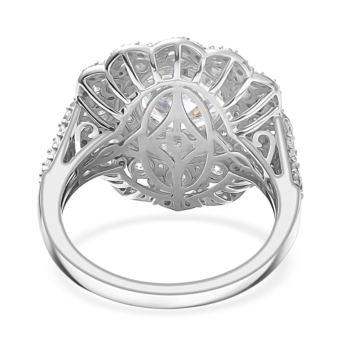 D'Joy 100 Facets Moissanite 4.25 ctw Floral Halo Ring in Rhodium Over Sterling Silver (Size 10.0) image number 4