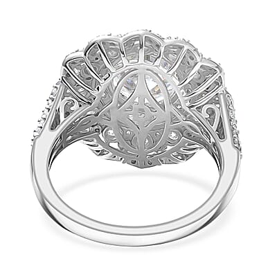 D'Joy 100 Facets Moissanite 4.25 ctw Floral Halo Ring in Rhodium Over Sterling Silver (Size 10.0)
