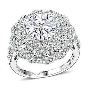 D'Joy 100 Facets Moissanite 4.25 ctw Floral Halo Ring in Rhodium Over Sterling Silver (Size 6.0) 