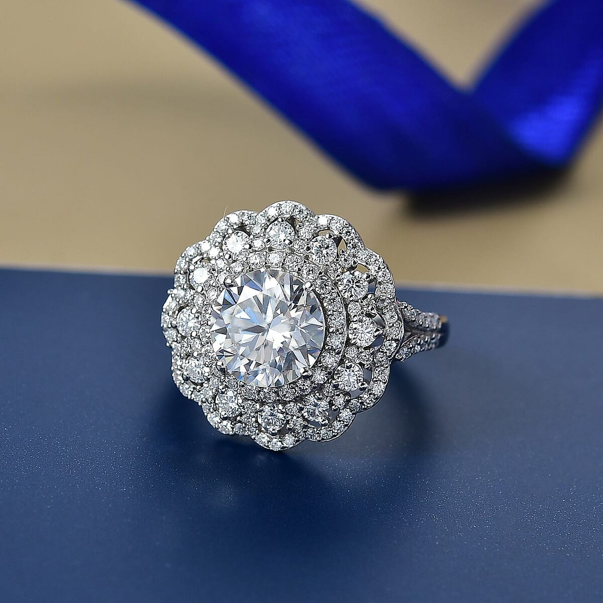 D'Joy 100 Facets Moissanite 4.25 ctw Floral Halo Ring in Rhodium Over Sterling Silver (Size 7.0)  image number 1