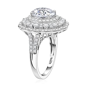 D'Joy 100 Facets Moissanite 4.25 ctw Floral Halo Ring in Rhodium Over Sterling Silver (Size 7.0) 